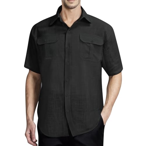 Mens Summer Lapel Button Down Shirts Solid Color Casual Short Sleeve Shirt Fashion Cotton Beach Tops with Pockets Black
