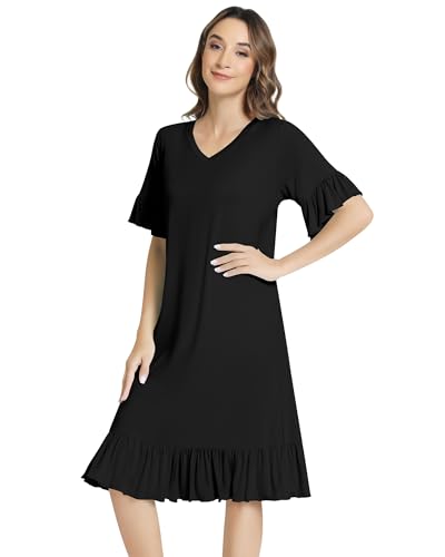 Image of NACHILA Bamboo Viscose Nightgowns for Women Short Sleeve V Neck Sleepwear