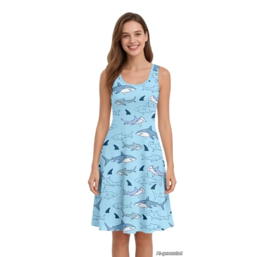 Image of Women Stylish Tank Dresses Sleeveless Round Neck Midi Casual Dress with Pocket for Summer