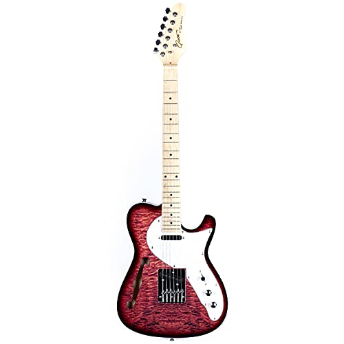 Grote Electric Guitar Semi-Hollow Body Single F-Hole Tele Style Guitar Basswood with Canadia Maple neck Chrome Hardware (Red)