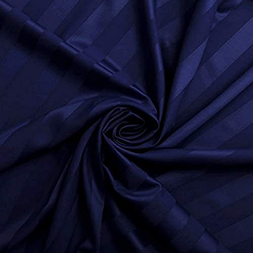 Image of KAWI Satin Cotton 220 TC Striped Elastic Fitted Bedsheet Queen Size (78X72XUp To 6 Inches Mattress)-Blue Color