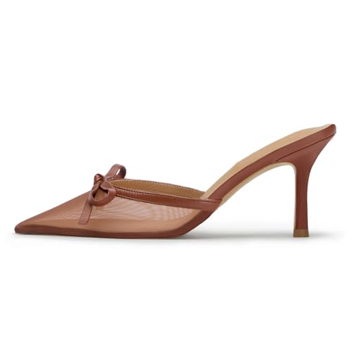 Uniquelly Kitten Heels for Women Closed Toe Stiletto Heels Bow Mesh Pointed Toe Mules Sexy Dressy Slip On Party Wedding Pumps Dress Shoes
