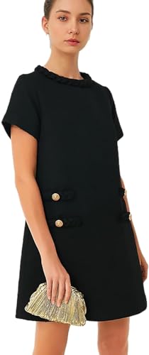 LJYAUTO Damen 60er Jahre Mod Kleid 2024 Tweed Elegant Formell Rundhals Minikleid Vintage Knopf Kurzarm A-Linie Kleider, Schwarz , X-Large