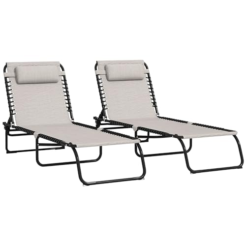 Outsunny Folding Chaise Lounge Chair Set of 2, Patio Sun Tanning Chair, Outdoor Chaise Lounger with 4-Position Reclining Back, Breathable Mesh Seat for Beach, Poolside, Cream