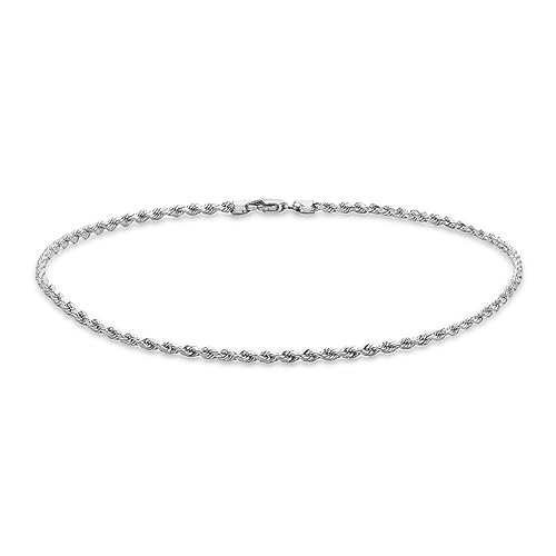 CARISSIMA Mixte 9 ct Or Blanc Chaîne Corde Creuse Diamantée 2 mm Cheville 25.5 cm/10 Inch
