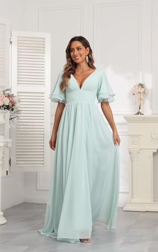 Women's V-Neck Chiffon Bridesmaid Dresses Long with Sleeves A-line Slit Formal Party Dress with Pockets3