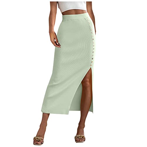 Gonna da donna in maglia a vita alta, gonna a tubino elastica casual con bottoni e spacco, gonna aderente per l'uso quotidiano in ufficio, Verde, S