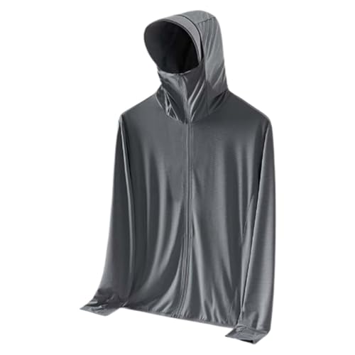 Generisch Chaqueta de protección solar para hombre UPF 50+ con capucha, chaqueta de protección solar de verano de seda helada fina con agujero para el pulgar para deportes al aire libre chaqueta