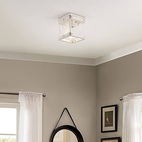 Fivess Lighting Modern Farmhouse Antique White Distressed Flush Mount Ceiling Light 1-Light Metal And Wood Cage Rusitc Mini Semi Flush Mount Light Fixture For Hallway Kitchen Entryway thumb #2