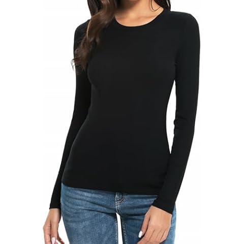 Womens Basic Long Sleeve Crew Neck Comfy Layering Slim Fit Stretch Henley Tees Shirts Top (L, Black) Cover