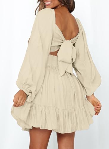 Image of Dokotoo Womens Dress Lantern Sleeve Elastic Waist Tie Backless Mini Dress | Square Neck,Off Shoulder,Flowy,Ruffle A-Line,Casual,Mini Dress,Beach Vacation Clothes,Fall Outifits,Wedding Guest,Boho