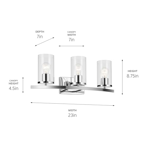 Image of Kichler Crosby 23 inch 3-Light Bathroom Vanity Light Fixture with Clear Glass in Chrome, Modern Wall Mount Lighting for Powder Room, Mirror Lighting (23 inch x 8.75 inch), 45497CHCLR