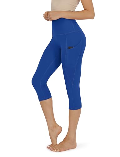 ODODOS Women's High Waisted Yoga Capris with Pockets,Tummy Control Non See Through Workout Sports Running Capri Leggings, Royal Blue, Medium