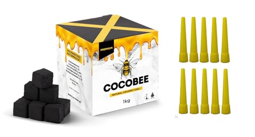 DISPAU COCOBEE Black Coconut (1 Kilo) – Carbón Natural Premium | Ideal para Cachimba & BBQ – Briquetas de Coco de Larga Duración (1 KG) Gratis 10 BOQUILLAS DE Silicona DE LA Marca COCEBEE