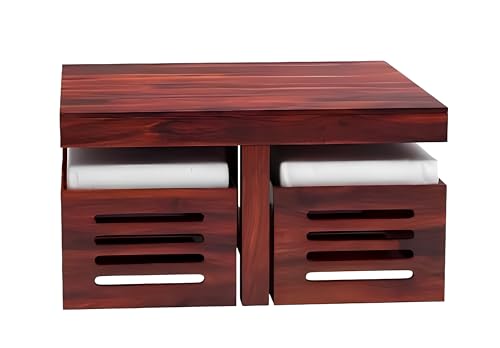 Image of Loonart Solid Sheesham Wood Coffee Table with Four Cushioned Stools | Idel for Living Room | Cafe | Restaurant | Space Saving Indoor Table Set | Finish Color - Mahogany Finish | Off White Cushion |