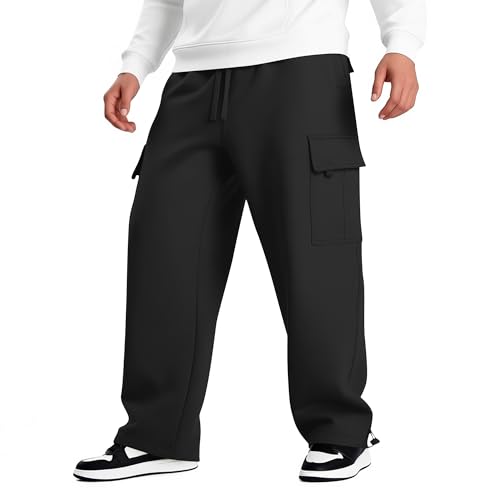LETAOTAO Mens Heavyweight Fleece Cargo Sweatpants - Baggy Fit Thick Cotton-Blend Fleece Cargo Pants with Adjustable Ankle Drawstring (Black, M)