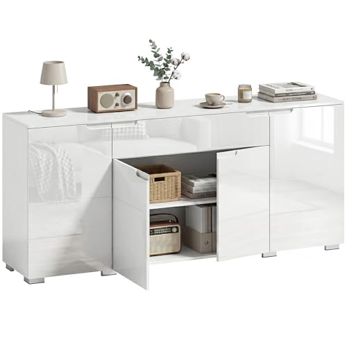 HOMCOM Kommode mit 1 Schublade Sideboard mit 4 Türen und Verstellbarem Einlegeboden Soft-Close-Funktion Hochglanz TV-Ständer Aufbewahrungsschrank für Wohnzimmer Schlafzimmer 180x40x80 cm Weiß