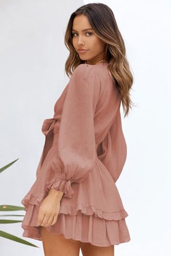 Image of AlvaQ Womens Spring Summer Knot Front V Neck Ruffles Long Sleeve Floral Print Swing Mini Dress, Medium