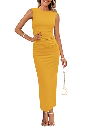 PRETTYGARDEN Women's Summer Wedding Guest Dresses 2025 Sleeveless Ruched Bodycon Fitted Maxi Long Cocktail Dress with Slit (Yellow,Small)