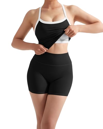 Image of SUUKSESS Women 2 Piece Workout Sets High Waisted Tummy Control Biker Shorts Halter Padded Tank Tops