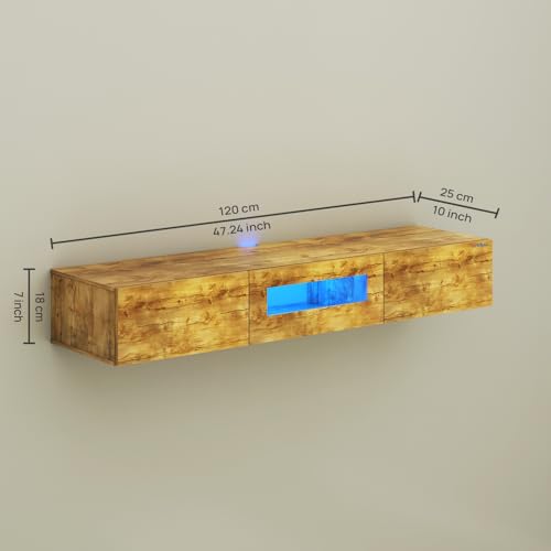 Image of Anikaa Lucen Wall Mount Modern Floating TV Unit for Living Room | 3 Closed Storage cabinets with hinged Door - Blue Color LED Light | Ideal for UP to 55 Inch TV (Gaintwood Finish - DIY Installation)