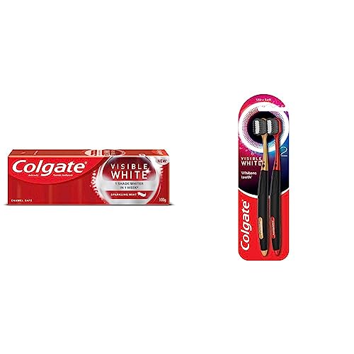 Image of Colgate Visible White Teeth Whitening Toothpaste, Protects Enamel, Removes Stains, With Whitening Accelerators, 100g & Colgate Visible White O2 Toothbrush - 2pc