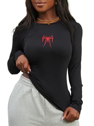Hilinker Womens Spider Graphic Long Sleeve Top Workout Basic Crew Neck Shirt Slim Fit4