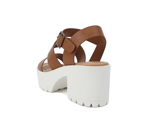 Image of Soda ACCOUNT ~ Women Open Toe Two Bands Lug sole Fashion Block Heel Sandals with Adjustable Ankle Strap