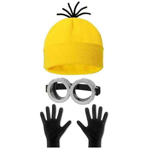 Fartoni Traje amarelo de Halloween para adultos e crianças, 3 peças de acessórios de Cosplay: Gorro, óculos, luvas - ideal para mulheres, homens e adolescentes - perfeito para o Halloween, carnaval