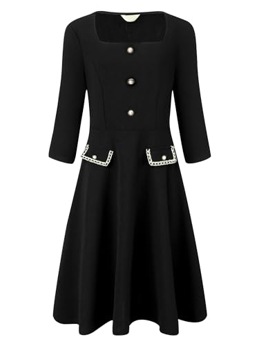 Women's 2024 A-Line Dress Work Square Neck Tweed 3/4 Sleeve Dresses