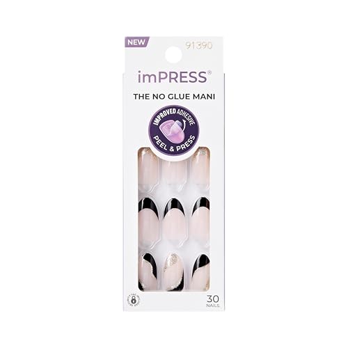 KISS imPRESS No Glue Mani Press On Nails, French, 'Illusion', Dark Neutral + Black Tip French, Medium Size, Almond Shape, Includes 30 Nails, Prep Pad, Instructions Sheet, 1 Manicure Stick, 1 Mini File