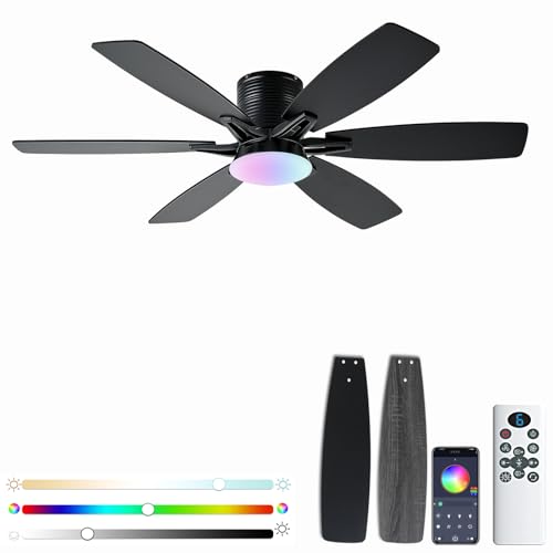 52inch Black Ceiling Fans with Lights and Remote/App Control, Low Profile Ceiling Fan with Light and 6 Double-Side blades, Flush Mount, LED/RGB Dimmable DC Reversible Modern Ceiling Fan for Bedroom