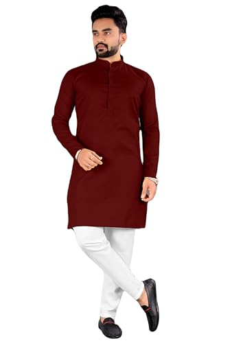 Image of Cotton Blend Solid Mandarin Chinese Neck Full Sleeve Kurta for Men