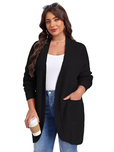 Image of LARACE Long Cardigans for Women Plus Size Tops Open Front Sweaters with Pockets Waffle Ribbed Sleeve Loose Fall Outwear