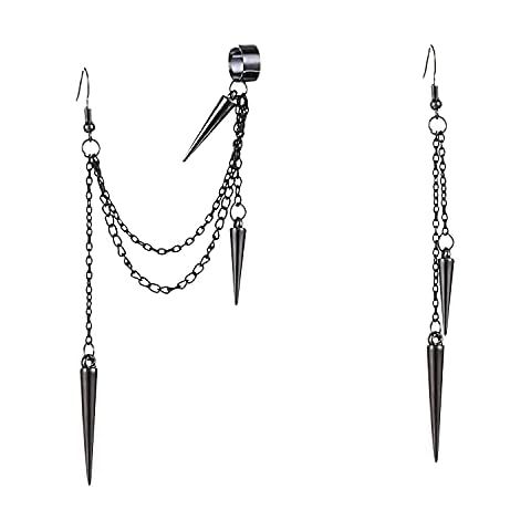 YUNXI Unique Retro Long And Short Rivet Earrings Ear Clips Fashion Goth Punk Tassel Chain Ear Cuff Earrings (Black) Cover