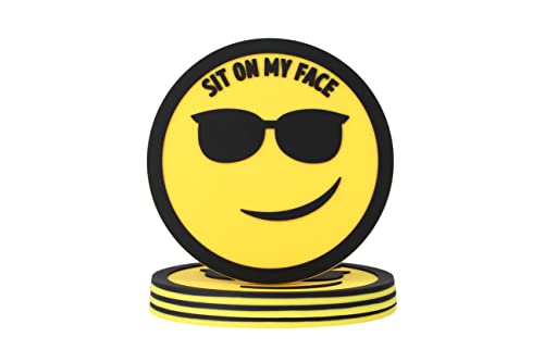 4 Pcs Sit On My Face Funny Coasters for Drinks, Drink Coasters for Coffee Table, Gold & Black Smirking Smile Silicone Coasters, Absorbent Coaster Set, Funny Gifts for Adults