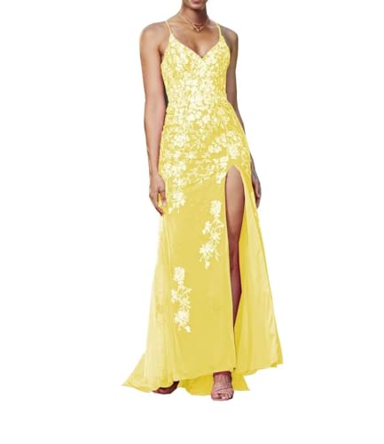 Image of Long Spaghetti Straps Tulle Mermiad Prom Dress V Neck Lace Appliques Formal Dress with Slit SF203
