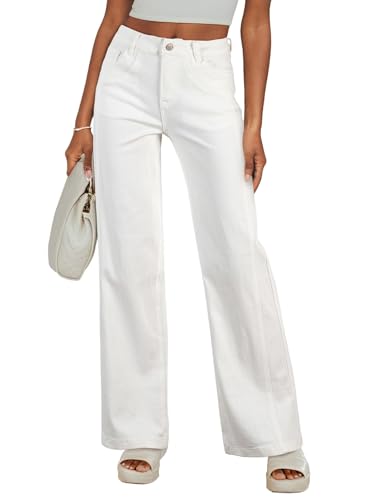 Sidefeel Women's Jeans High Waisted Straight Leg Stretchy Jeans Trendy Loose Fit Denim Pants Cream White Size 8