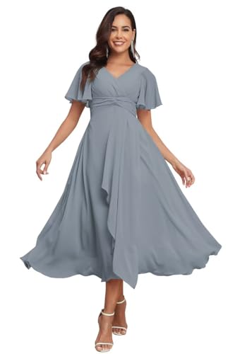 Women's Chiffon Bridesmaid Dresses Tea Length Short Sleeves Maid of Honor Dress for Wedding with Pleats