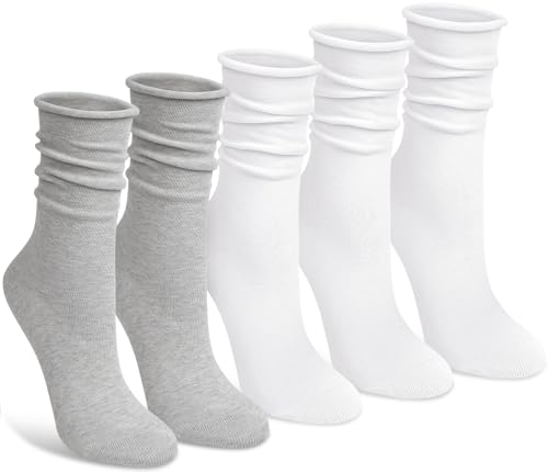 Image of Chalier 5 Pairs Slouchy Socks for Women, Soft Cotton Crew Socks | Breathable Blend, Elastic Cuff, Cute Roll Top, Calf Scrunch Tube, Easy Pull On, Flexible Stretch Motion, Casual Daily Wear
