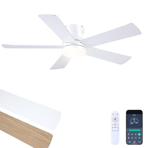 Ayaoty 48In Ceiling Fan with Light Flush Mount - White Low Profile Ceiling Fan Light with...