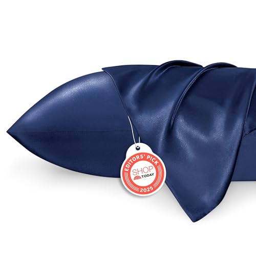 Image of Bedsure King Size Satin Pillowcase Set of 2 - Navy Silky Pillow Cases for Hair and Skin with Envelope Closure, Similar to Silk Pillow Cases, Gifts for Women Men, 20x36 Inches, 2pcs