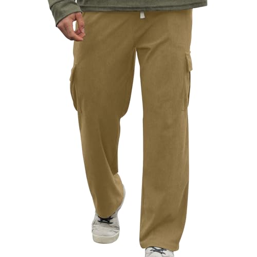 Corduroy Cargo Pants Men Casual Comfy High Elastic Cargo Sweatpants for Men Wide Leg with Pockets Drawstring Heavyweight Sport Hiking Stretch Loose Fit Trouser Light Brown L