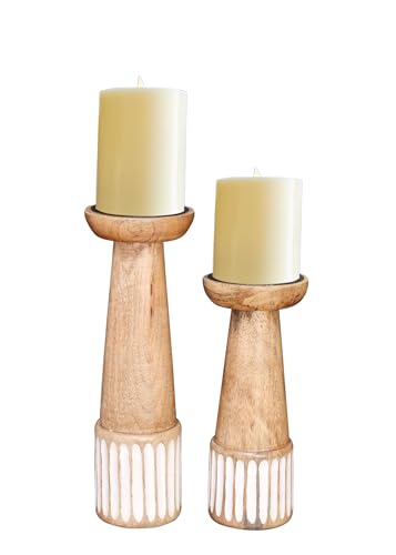 Perilla Home Wooden Pillar Candle Holders Set of 2 - Home Decor Candle Holder Centerpiece - for, Taper Candles, Dining Table Candle Holder Halloween, Home Decor, Candlesticks - Rustic Brown