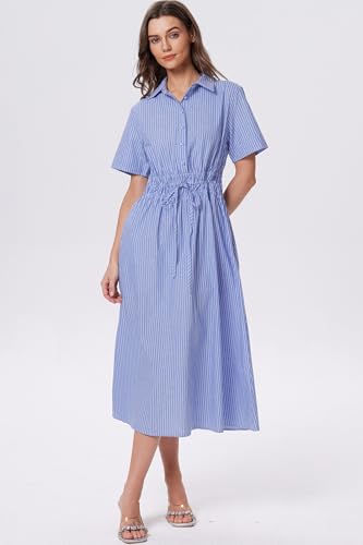 Image of Ladyful Women Casual Button Down Short Sleeve Shirt Dress Tie Waist Midi Shirt Dress Elegant Business Party