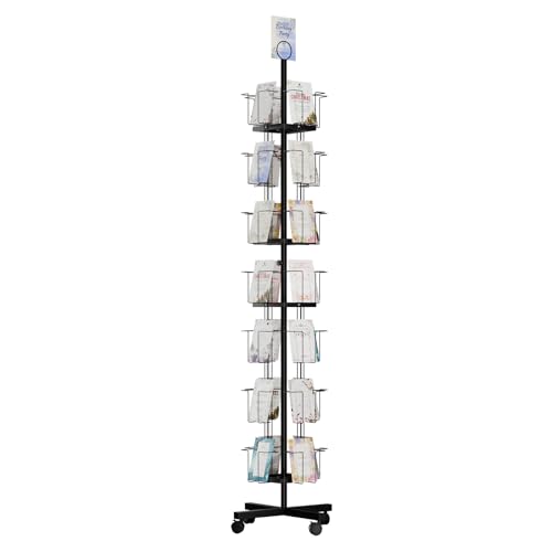 TONGMO 7-Tier Greeting Card Display Rack: 28-Pocket Rotating Countertop Stand for Postcards Brochures and Greeting Cards (White 68.9H)