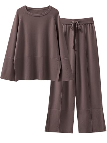 ANRABESS Womens 2 Piece Outfits Oversized Knit Sweater Set Wide Leg Pant Cozy Lounge Matching Pajama Sets 2025 Trendy Clothes