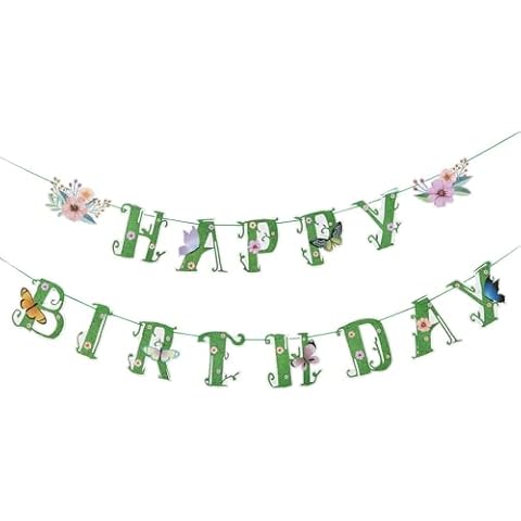 SUNBEAUTY Spring Happy Birthday Banner Green Spring Butterfly Flowers Banner Summer Spring Butterfly Birthday Party Decorations | Pre-Strung Cover