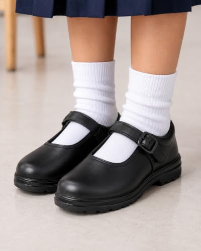 Image of Girls Black School Shoes with Adjustable Strap & Non-Slip Sole