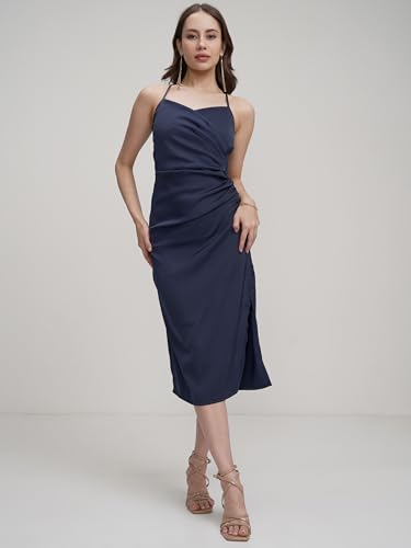 Image of Tokyo Talkies Women's Elegant Ruched Strappy Sheath Midi Dress with High Slit A Chic Statement for Evenings & Special Occasions